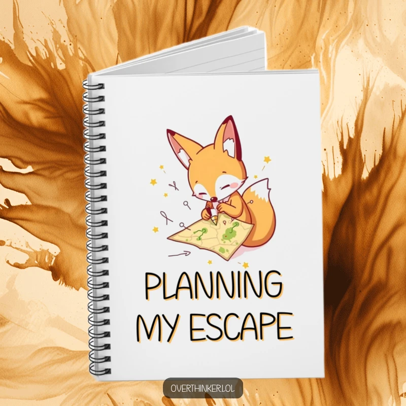 Funny fox notebook with a frantic character drawing many paths on a tiny map, perfect for humorously planning adventures. Ideal gift.