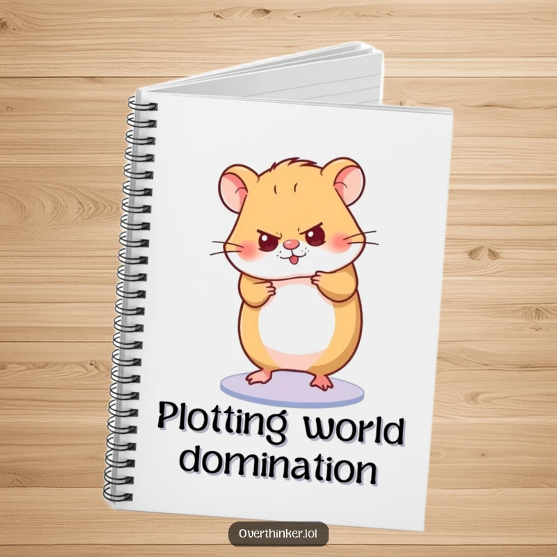Funny notebook cover design with a hamster character spinning its wheel with intense concentration, representing focus and productivity.