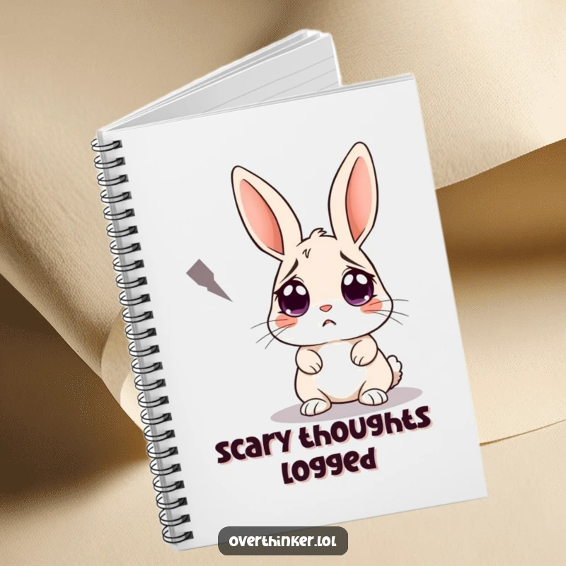 Funny notebook with a rabbit looking worriedly at an approaching shadow. Ideal for notes, journaling, and pondering life's little scares.