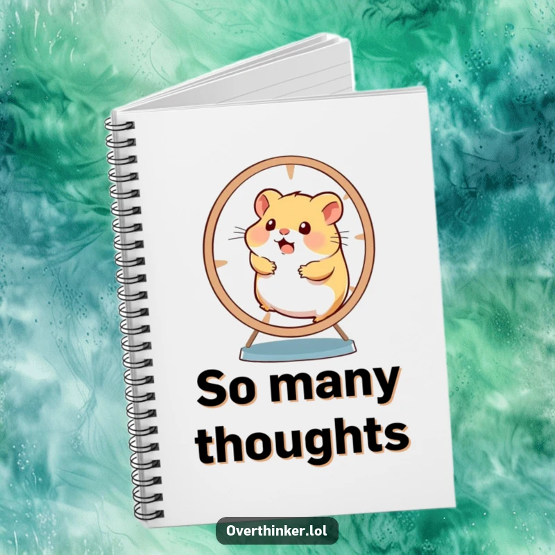Funny notebook cover with an overwhelmed hamster running on a wheel, representing a busy and active mind.