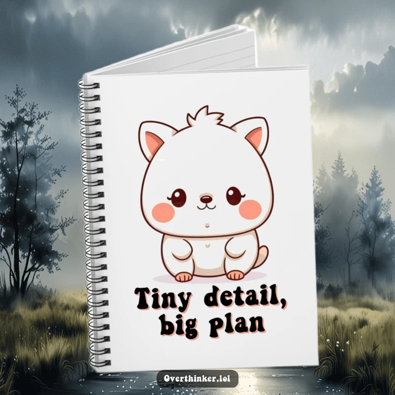 Funny kawaii notebook featuring a cute animal character staring intently at a tiny speck, ideal for journaling detailed observations.