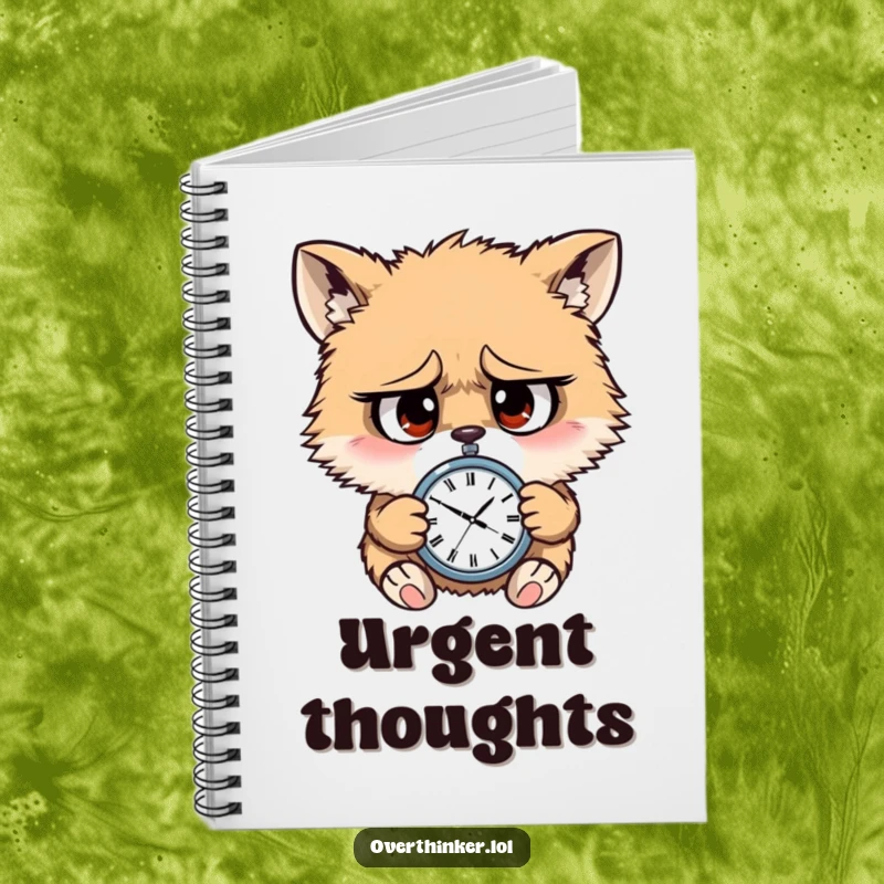 Funny notebook featuring a worried furry animal frantically checking a tiny watch, symbolizing the struggle with time management.