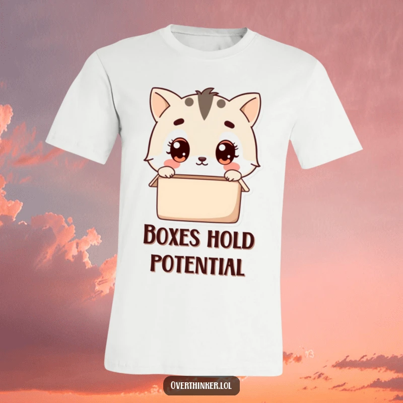 Funny t-shirt featuring a cute kawaii animal character with wide eyes, thoughtfully staring at an empty box, representing curiosity and wonder.
