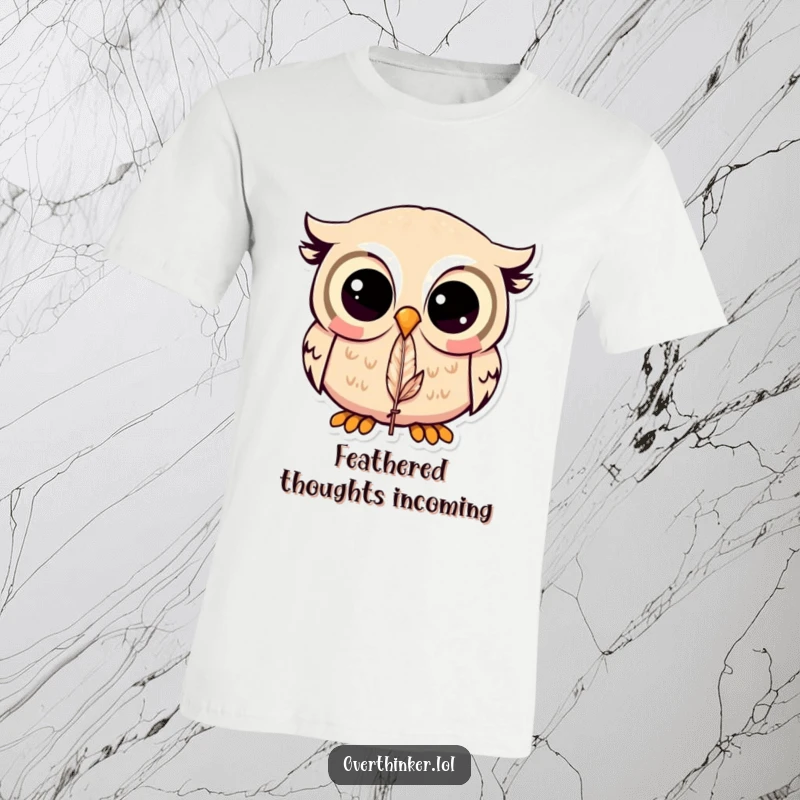 Funny Kawaii owl t-shirt design showing an owl with wide eyes intensely staring at a single feather, a humorous depiction.