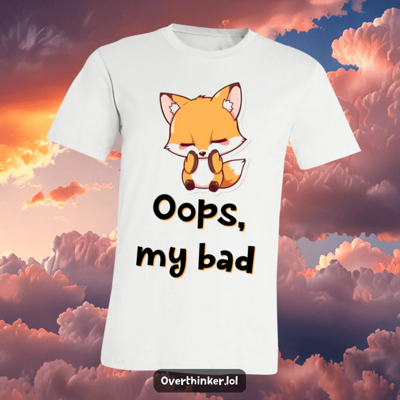 Funny t-shirt with a fox character covering its face with its paws, depicting intense embarrassment and a desire to disappear.