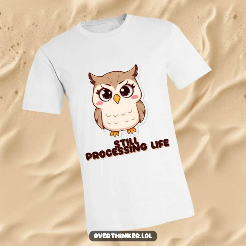 Funny Owl T-Shirt with a small owl character, wide questioning eyes, furrowed brow, expressing mild confusion and curiosity. Hilarious.