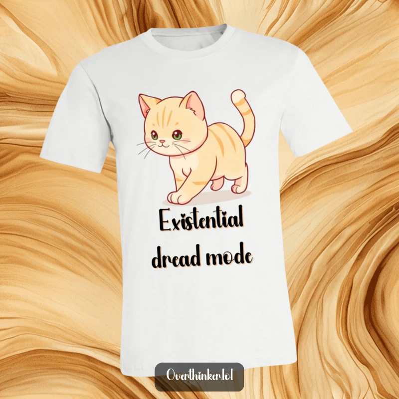 Funny t-shirt graphic of a cat pacing back and forth, its tail twitching with visible anxiety.