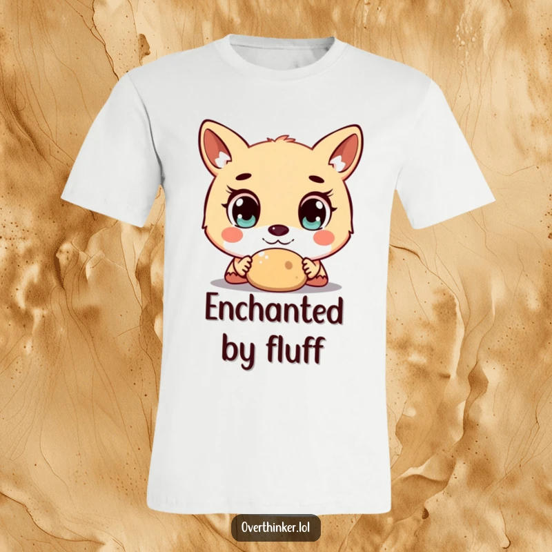 Funny t-shirt print of an animal character with comically large, staring eyes, fixated on a very simple, ordinary object.