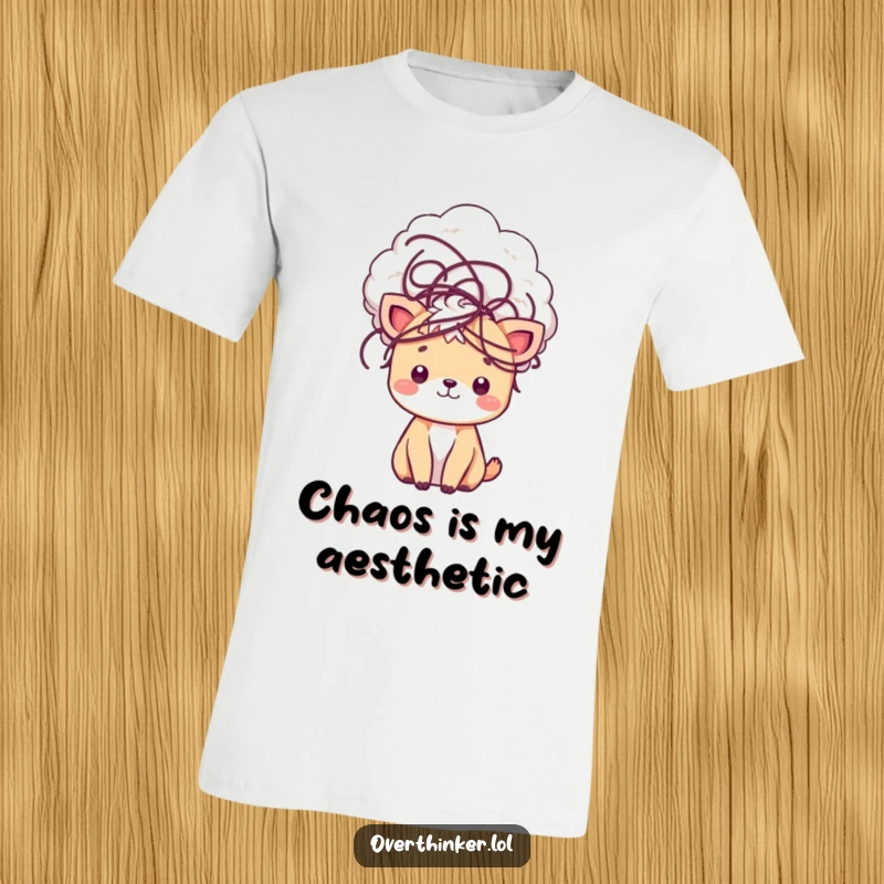 Funny t-shirt with a cute kawaii animal character with a cloud of tangled thoughts encircling its head, perfect for expressing a busy mind.