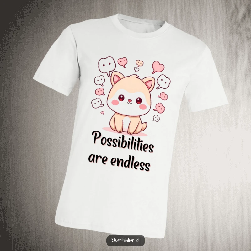 Funny t-shirt featuring a cute kawaii animal character with many 'what if' thought bubbles, representing a mind full of questions and ideas.