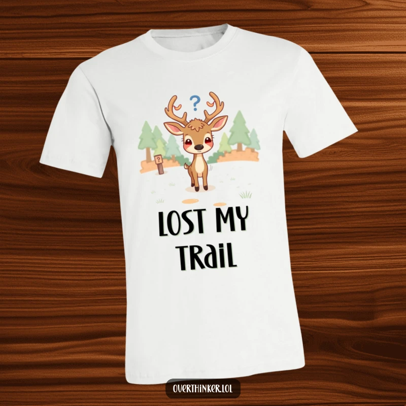 Funny t-shirt with an overthinking deer looking perplexed at a fork in the road, representing life's confusing decisions.