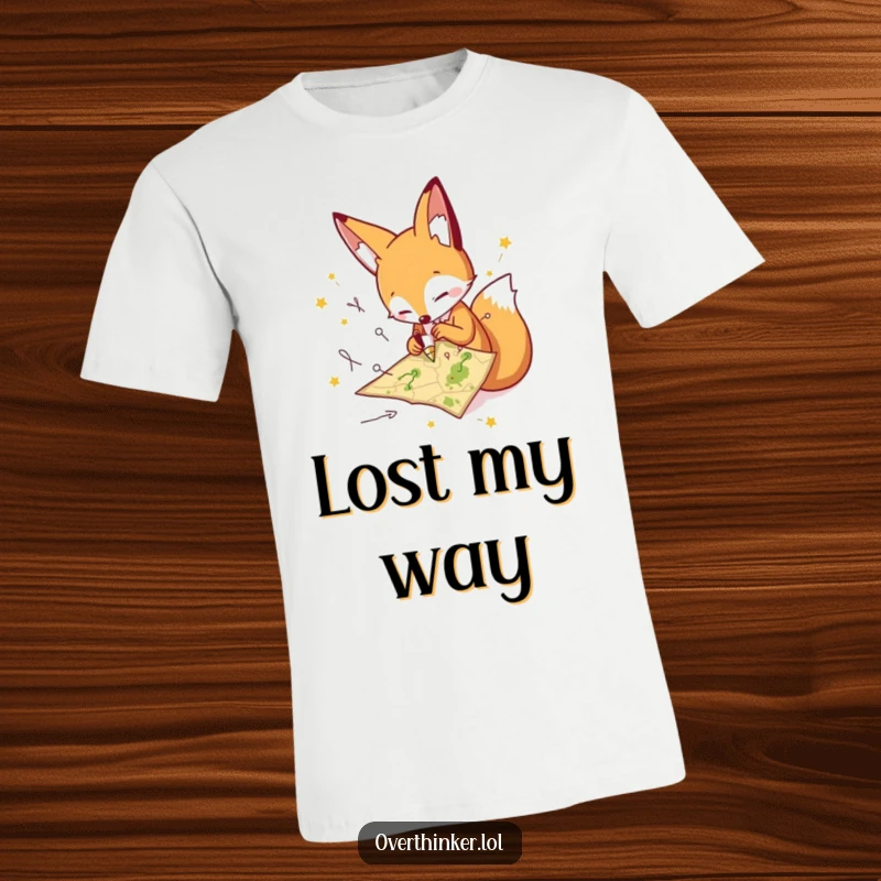 Funny fox t-shirt with a character frantically drawing many paths on a small map, highlighting humorous adventurous confusion. Perfect gift.