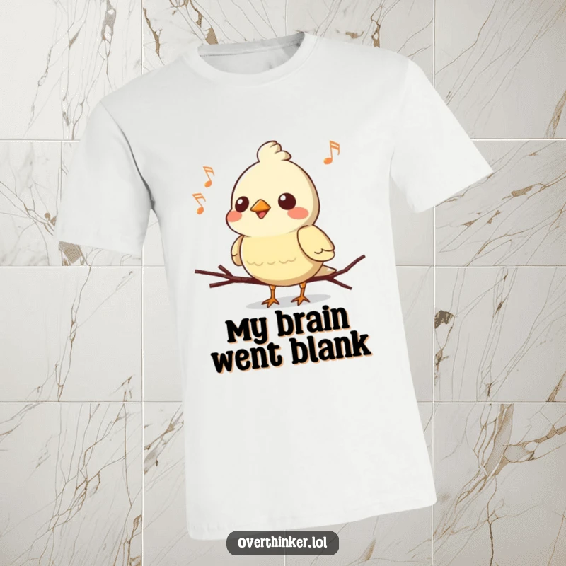 Funny Kawaii bird t-shirt, a cute character in mid-song, hilariously forgetting the final notes with a confused look.