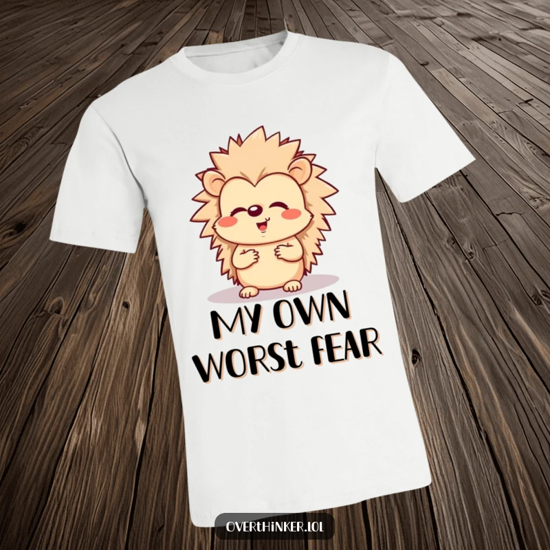 Funny t-shirt graphic of a happy hedgehog looking concerned about its own shadow.