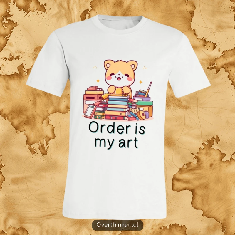 Funny t-shirt graphic of a cute animal character in a chaotic state, frantically tidying a pile of items that are already perfectly arranged.
