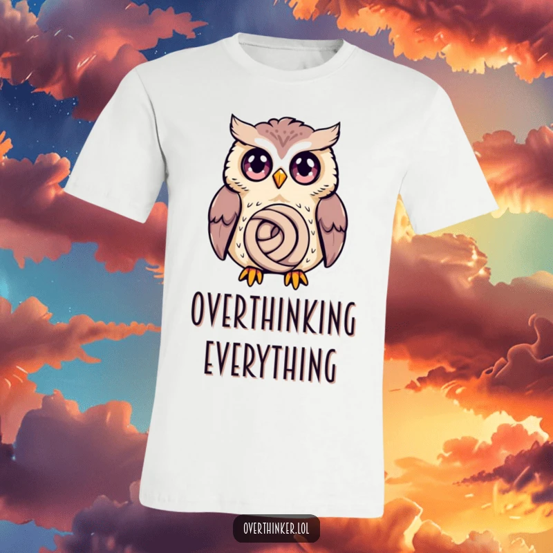 Funny Owl T-Shirt with a wide-eyed owl spiraling deep in thought over a minuscule knot, ideal for humor lovers.