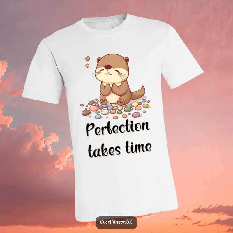 Funny t-shirt with a deeply focused otter meticulously arranging pebbles by size and color, showcasing a humorous obsession with detail.