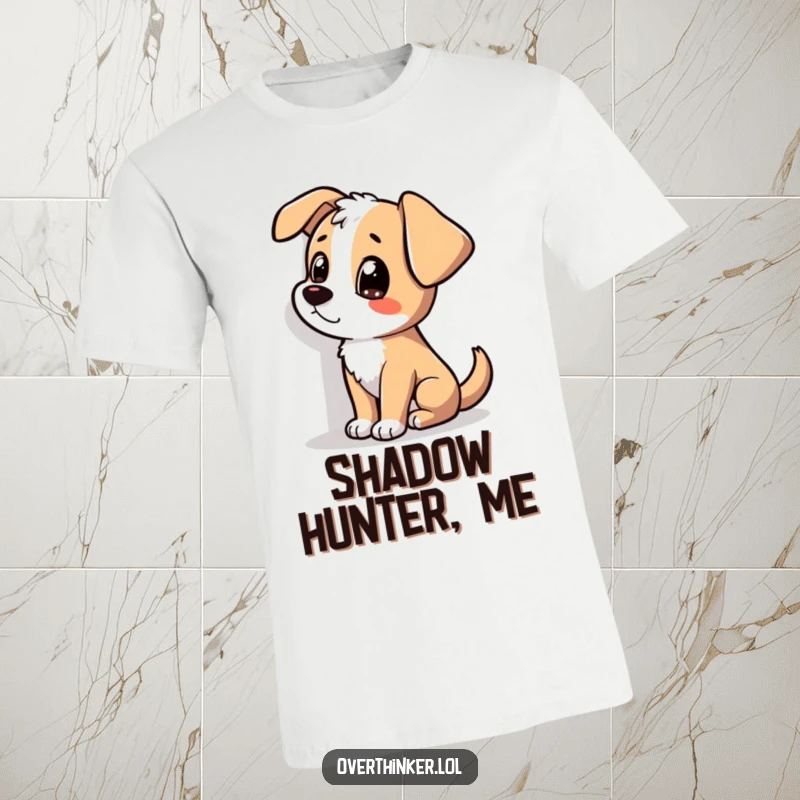 Funny t-shirt depicting a dog with its head tilted, intensely focused on a shadow on the wall, highlighting canine confusion.