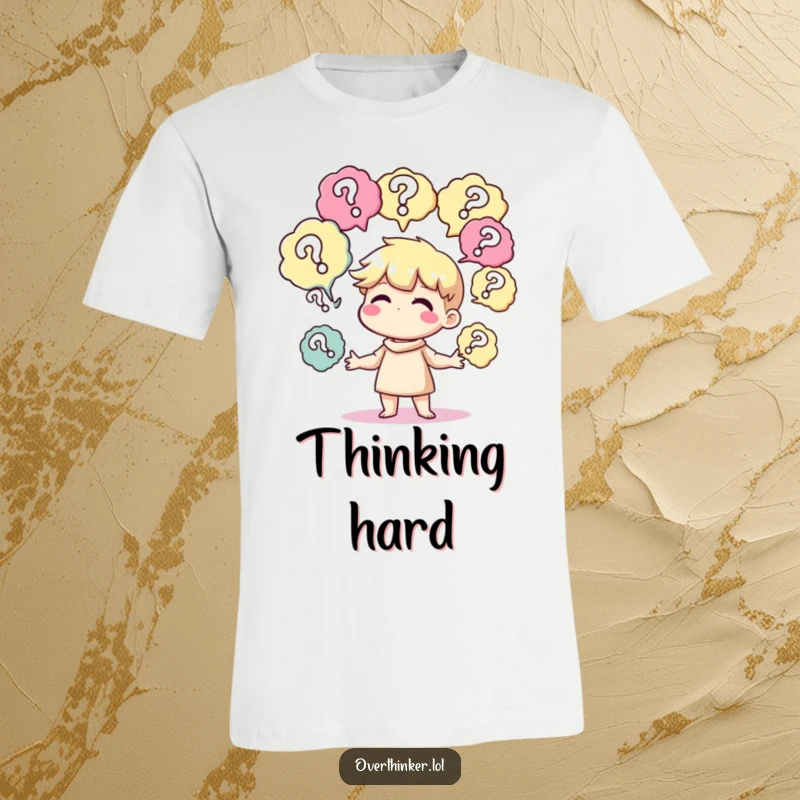 Funny t-shirt depicting a character skillfully juggling multiple thought bubbles brimming with question marks, signifying deep thought.