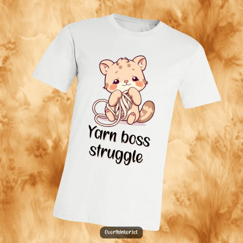 Funny t-shirt with a cute animal character comically wrestling with a huge knot of yarn, looking utterly perplexed.