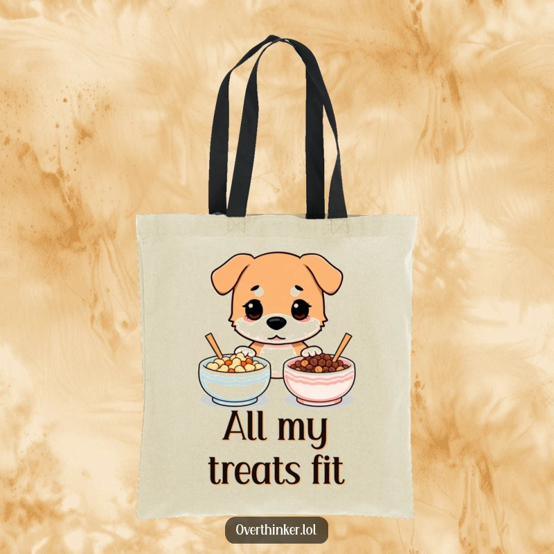Funny tote bag illustration of a dog baffled by two identical bowls of food.