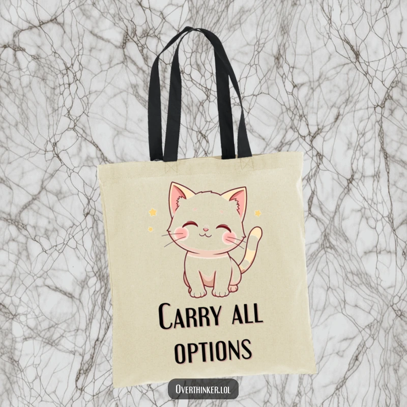 Funny tote bag with a cat whose tail is twitching, anticipating multiple outcomes, perfect for daily use.