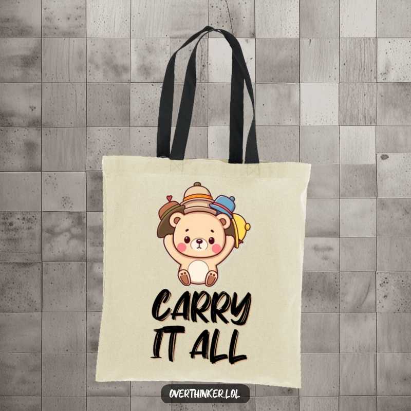 Funny tote bag showcasing a cute bear character comically balancing an assortment of hats on its head, a delightful visual gag.