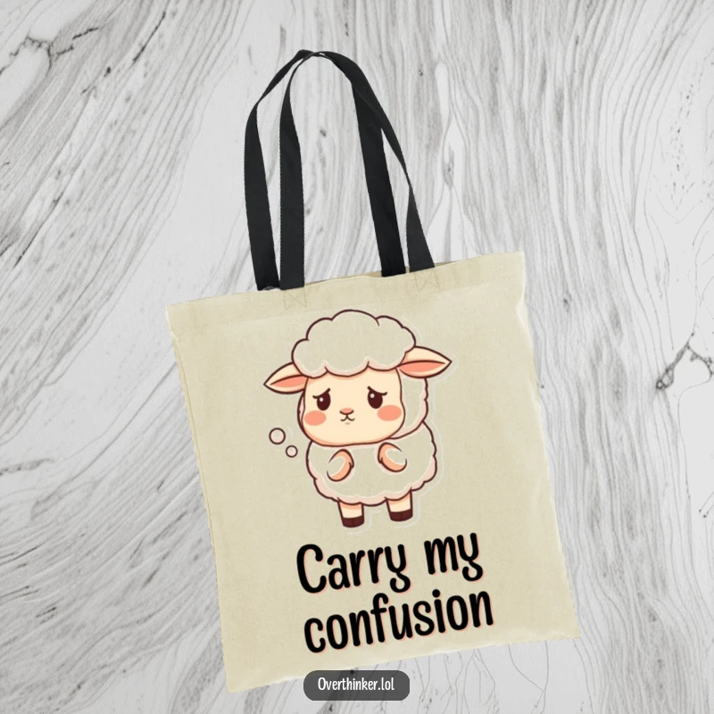 Funny tote bag with a sheep having a furrowed brow, questioning the shape of a cloud, perfect for daily use.