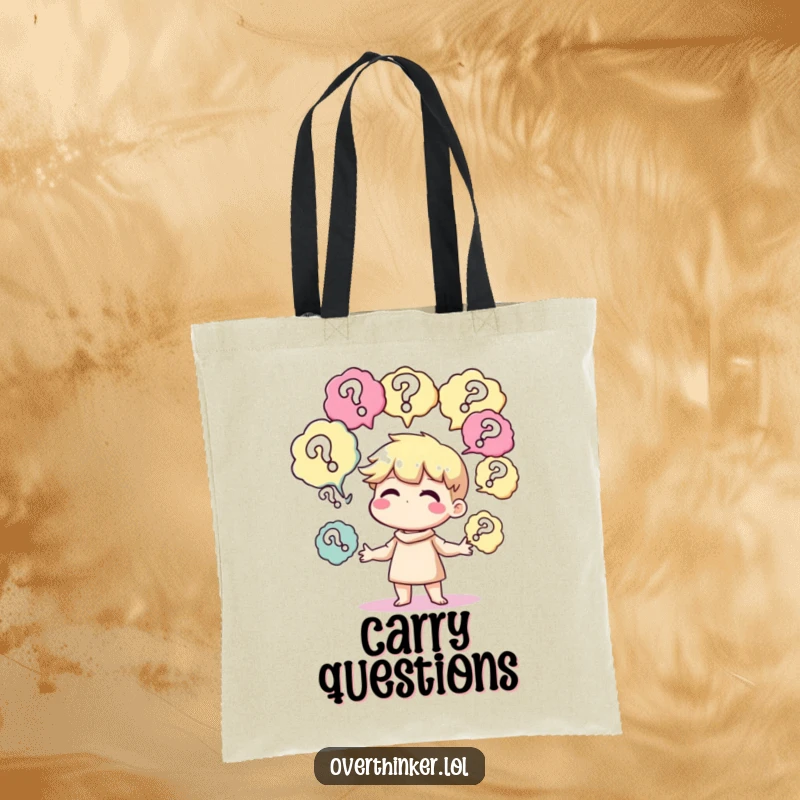 Funny tote bag depicting a character juggling thought bubbles full of question marks, symbolizing a curious and questioning mind.