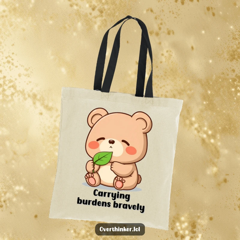 Funny Kawaii bear tote bag, a cute character intensely focused on a single leaf, perfect for carrying a humorous vibe.