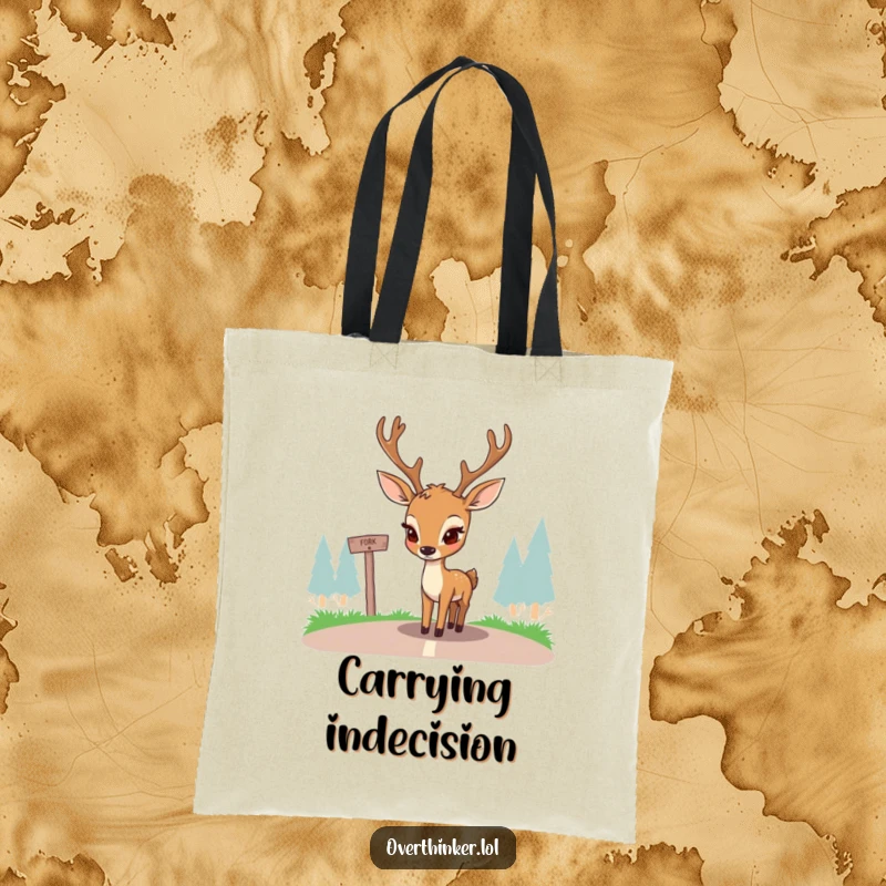Funny tote bag with a deer looking thoughtful at a fork in the road. Practical and humorous for carrying daily items.