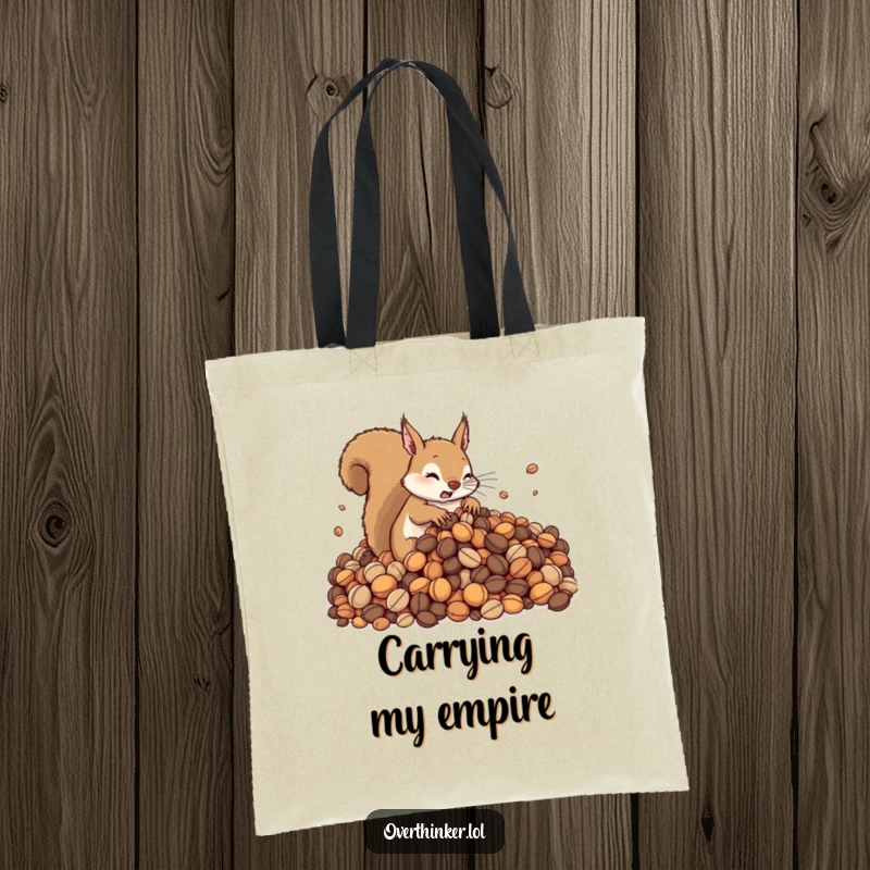 Funny tote bag with a cute squirrel frantically organizing a huge pile of nuts. A practical and humorous accessory for carrying anything.