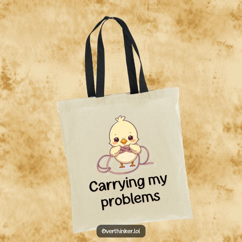 Funny Bird Tote Bag with a small bird character struggling with a large, tangled knot of yarn. Cute and functional.
