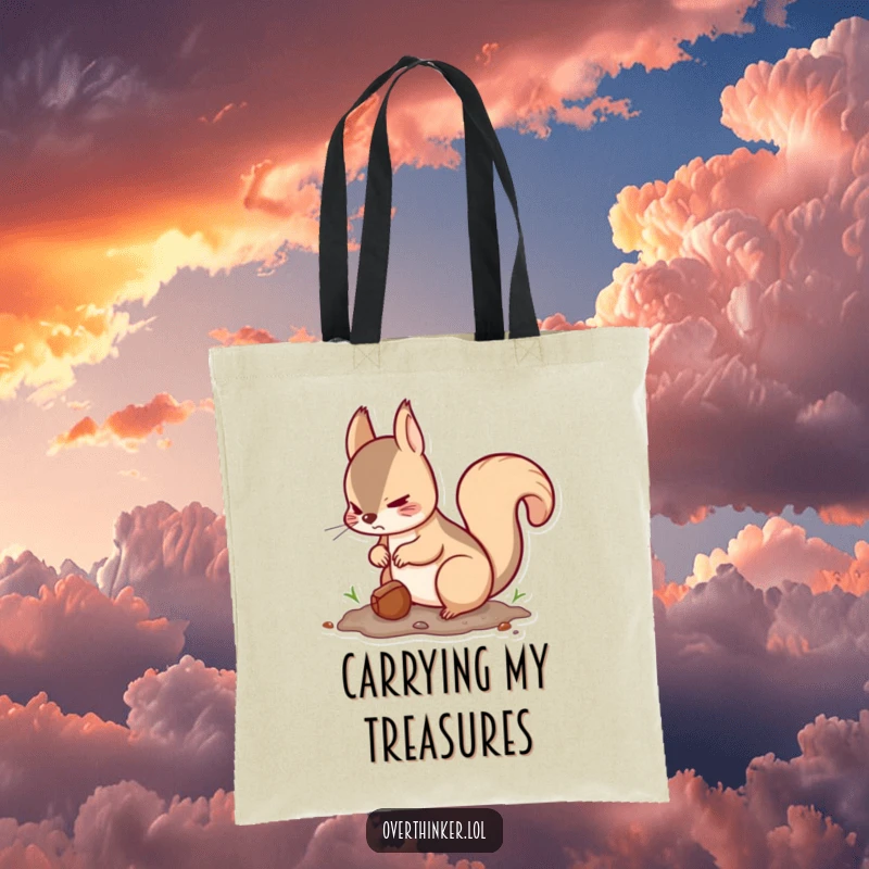 Funny Kawaii squirrel tote bag with a cute squirrel burying a nut and looking around nervously, ideal for carrying items with humor.
