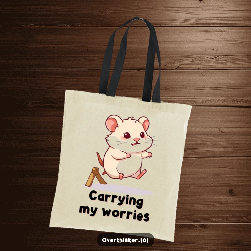 Funny tote bag with a hamster running on a wheel, looking incredibly thoughtful, perfect for carrying books or daily items.
