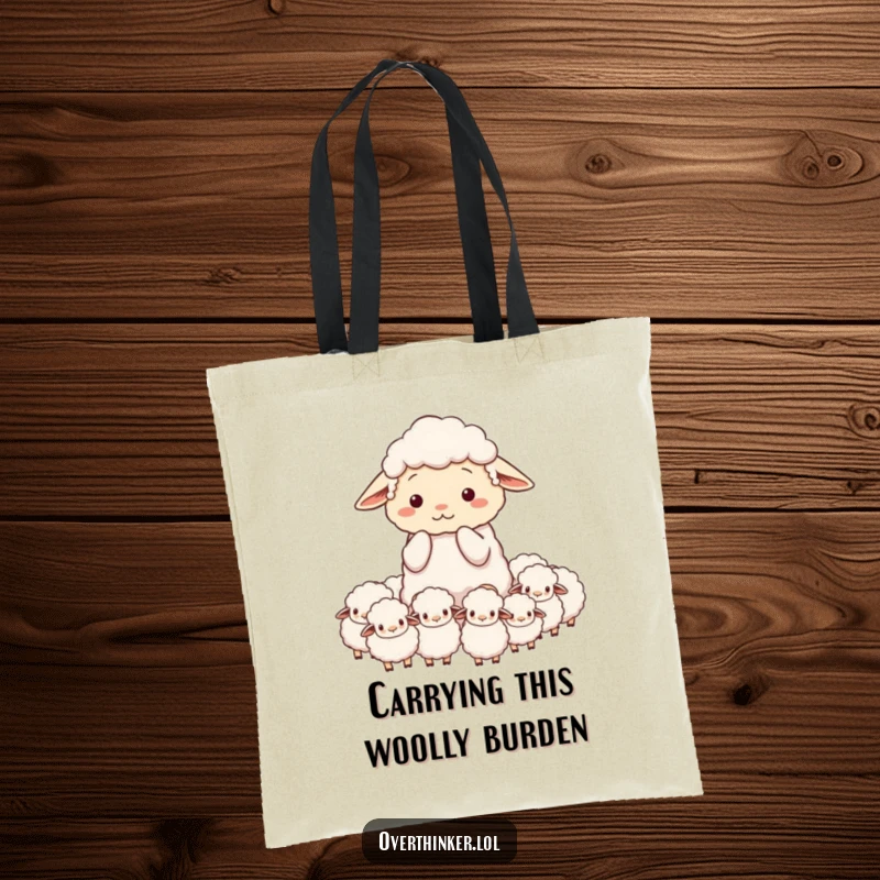 Funny tote bag showing an overwhelmed sheep character counting an excessive number of sheep, perfect for daily use.