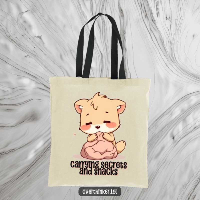 Funny Tote Bag: An animal character shares whispered secrets with a small, silent rock, a humorous illustration of quirky companionship.