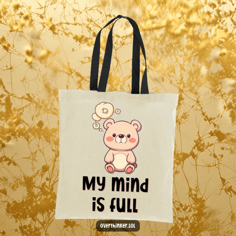 Funny bear tote bag featuring a cute bear with many swirling thought bubbles, illustrating a humorous, imaginative mind. Excellent gift.