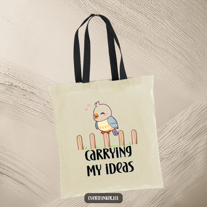 Funny tote bag illustration of a cheerful bird sitting on a fence, head tilted in deep thought.