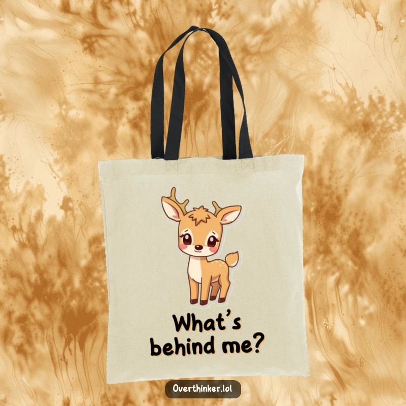 Funny tote bag with a deer character looking utterly confused while watching its own tail, a charming and humorous accessory.