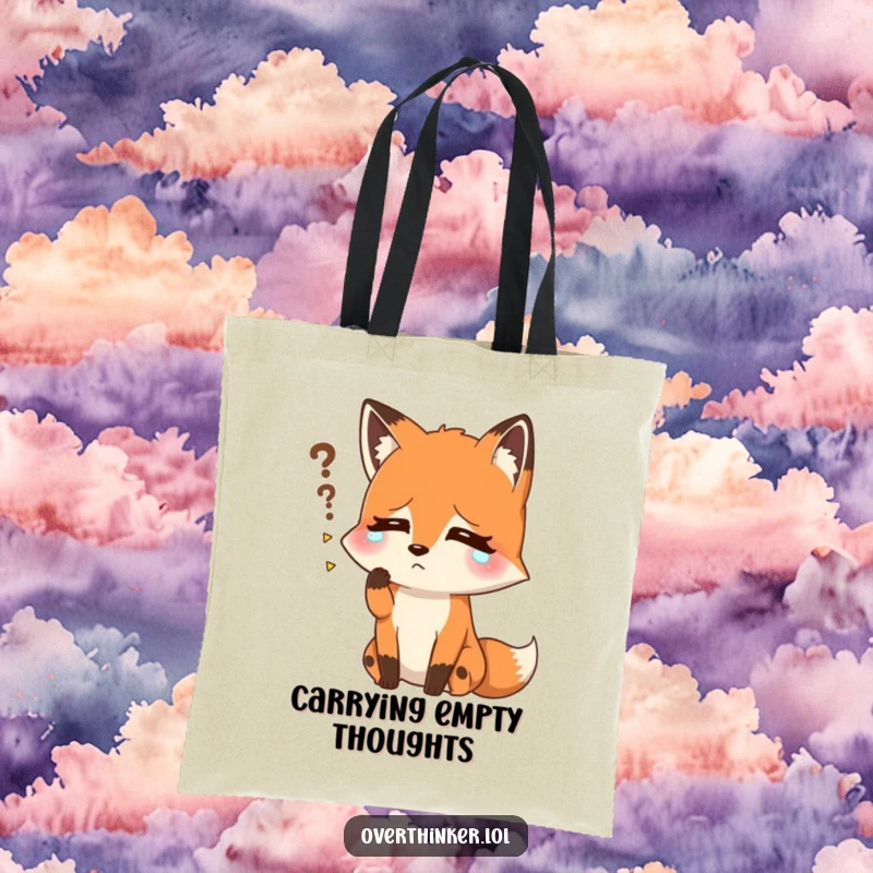 Funny tote bag with a fox sweating, struggling to recall a forgotten name. Practical and humorous for carrying daily items.