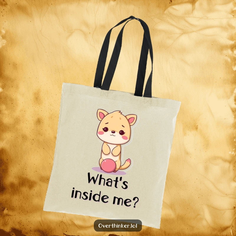 Funny kawaii animal tote bag featuring a cute animal with its head stuck in a giant question mark, looking dazed.