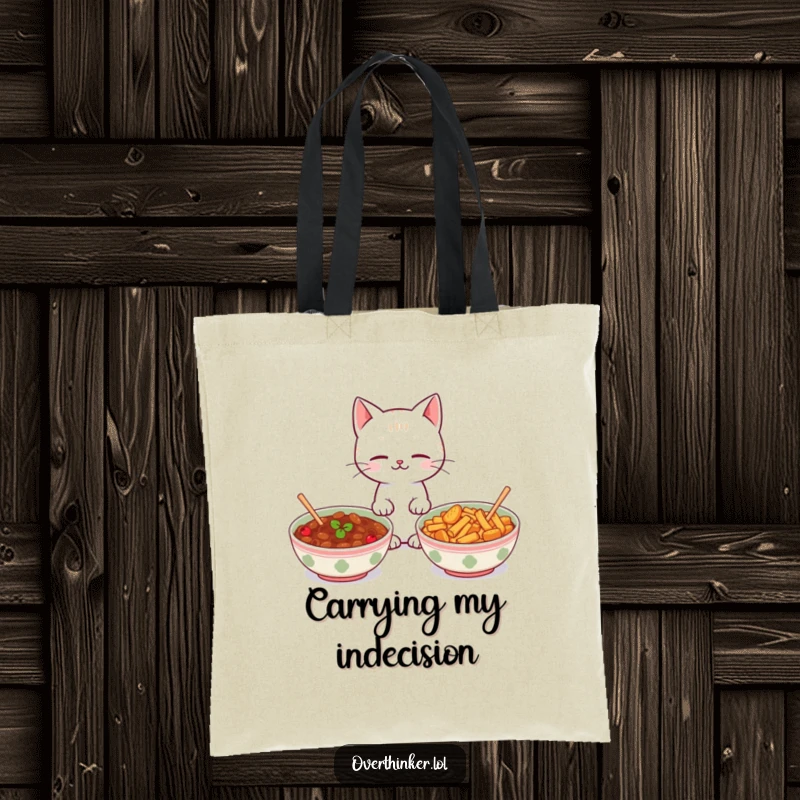 Funny Kawaii cat tote bag with a cute cat looking between two identical food bowls, ideal for carrying items with humor.