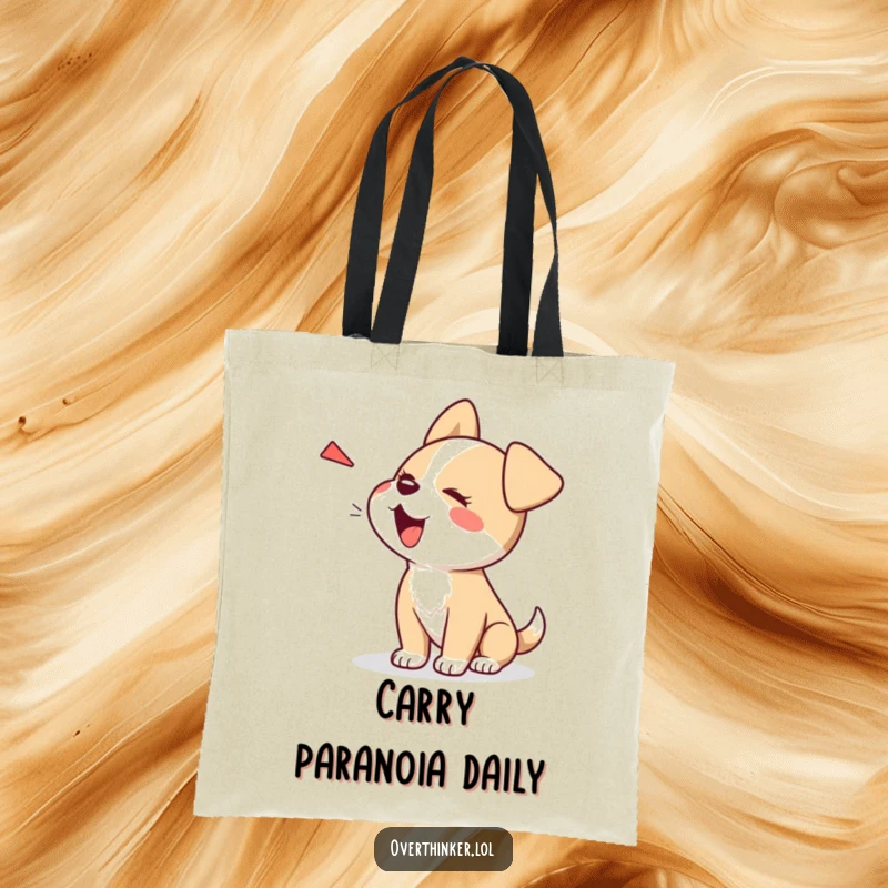 Funny Kawaii dog tote bag, a cute character barking at its own shadow, perfect for carrying humorous essentials.