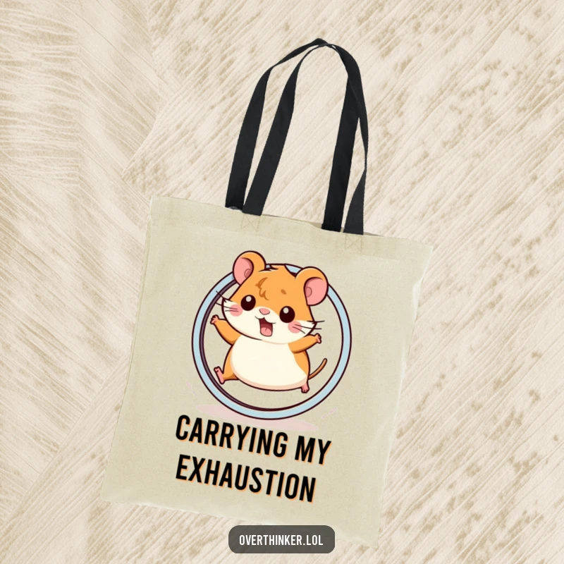 Funny Kawaii hamster tote bag with a cute hamster stopping suddenly on a wheel, ideal for carrying items with humor.
