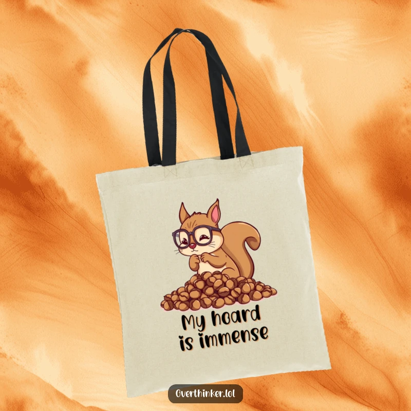 Funny Overthinking Squirrel Tote Bag: Squirrel with glasses counting acorns, perfect for carrying items with a touch of humor.