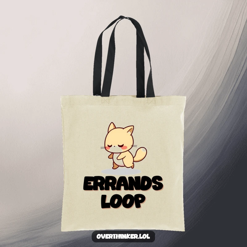 Funny tote bag depicting an animal character pacing in a small circle, representing a busy and active mind.