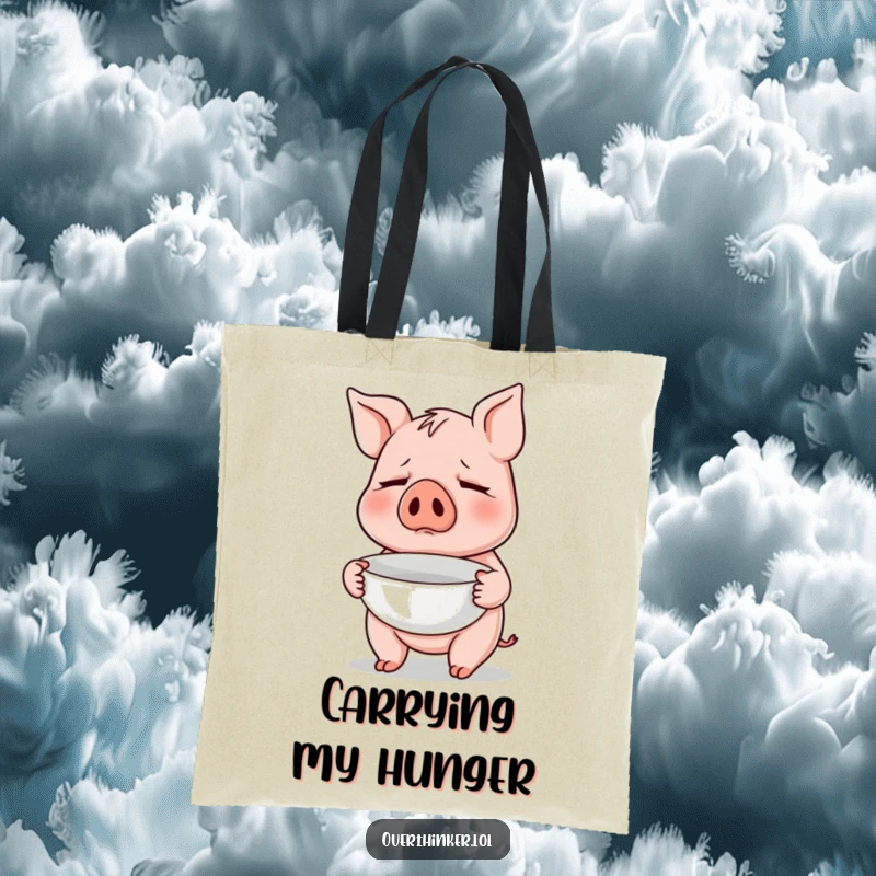 Funny tote bag with a pig character nervously holding a small, empty bowl, perfect for carrying groceries or daily items.