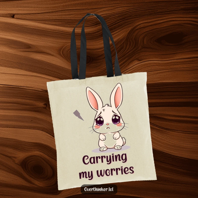 Funny tote bag with a rabbit sporting worried eyes, staring at an approaching shadow. Practical and humorous for carrying the essentials.