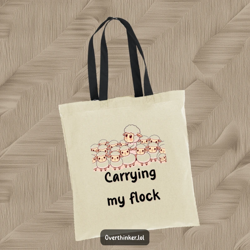 Funny tote bag with a sheep character trying to count a herd of identically confused sheep, symbolizing chaos and a difficult task.